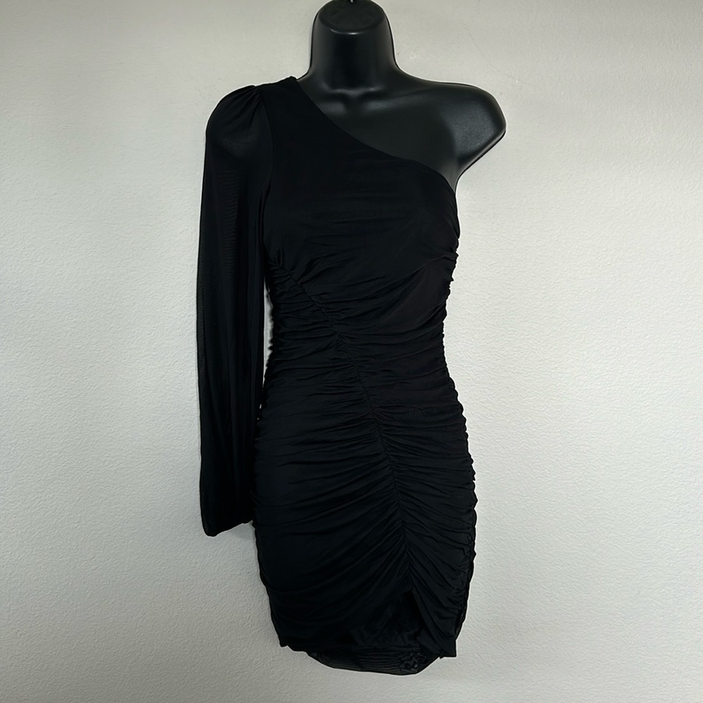 Princess Polly Dante Long Sleeve One Shoulder Ruched Mini Dress Black - Picture 3 of 12